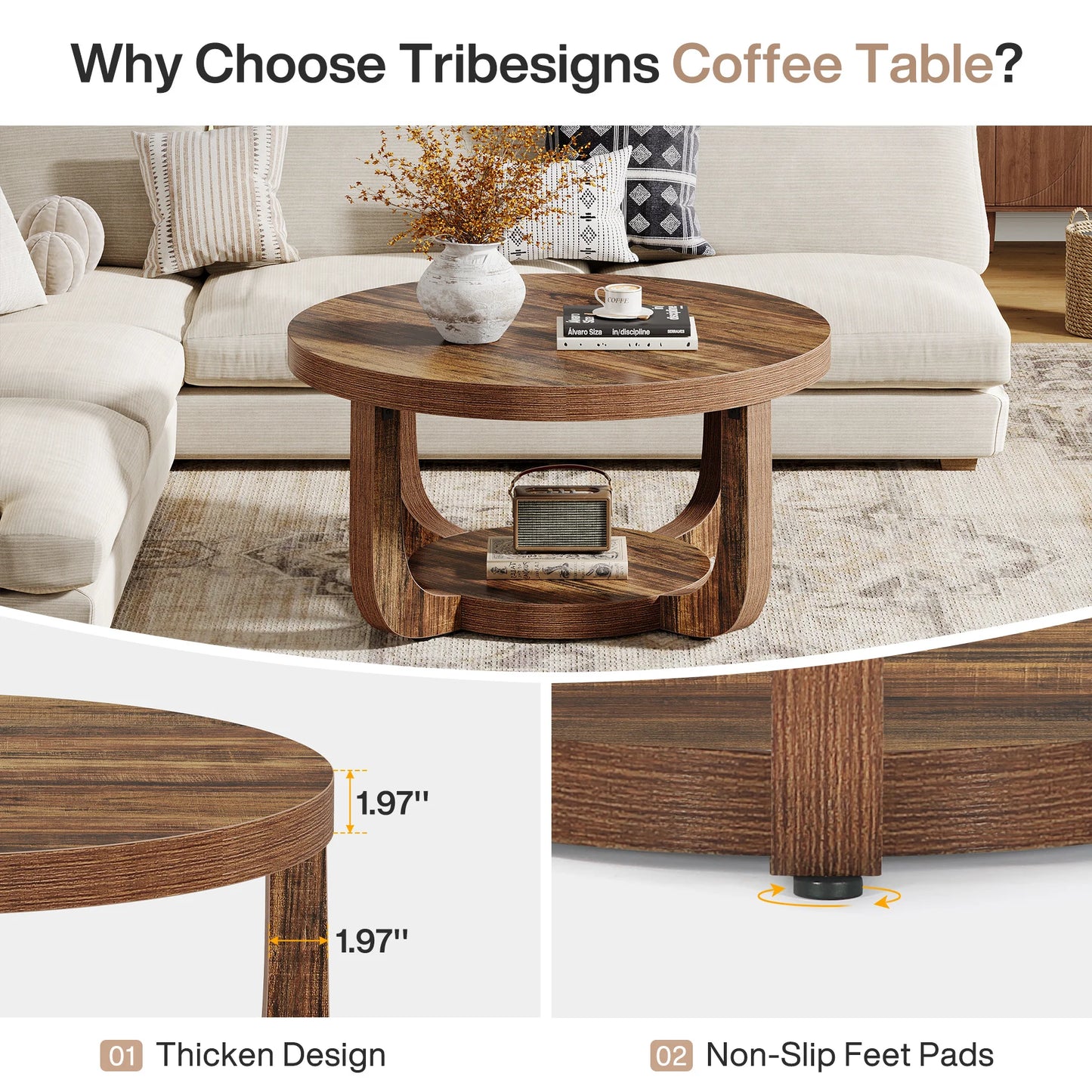 Tribesigns Round Coffee Table, 2-Tier Circle Coffee Table with Storage, Modern Wooden Accent Center Table for Living Room
