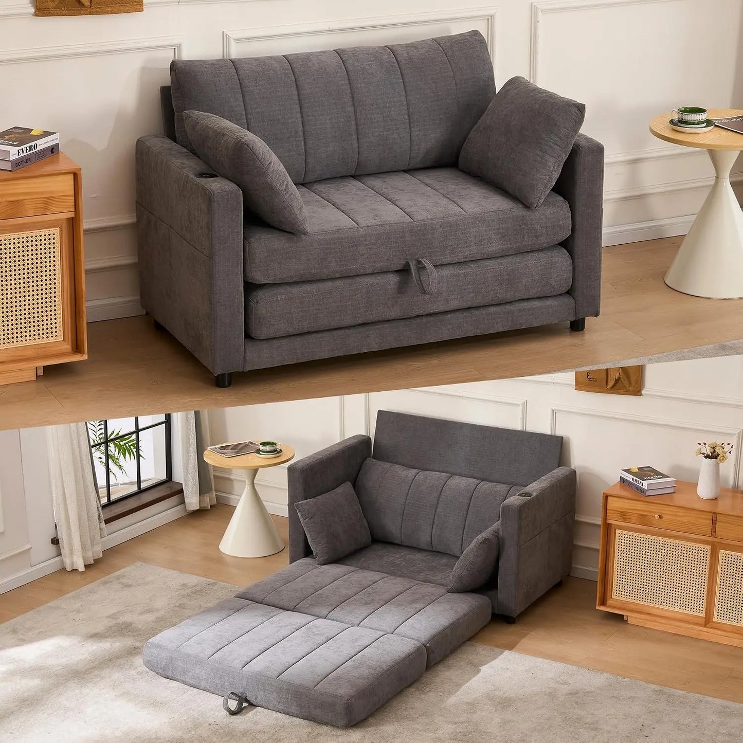 52" Convertible Loveseat Sofa Bed, 2 in 1 Sleeper Couch, Side Pockets, Space-Saving, Folding Sofa Bed with USB Port, Customized