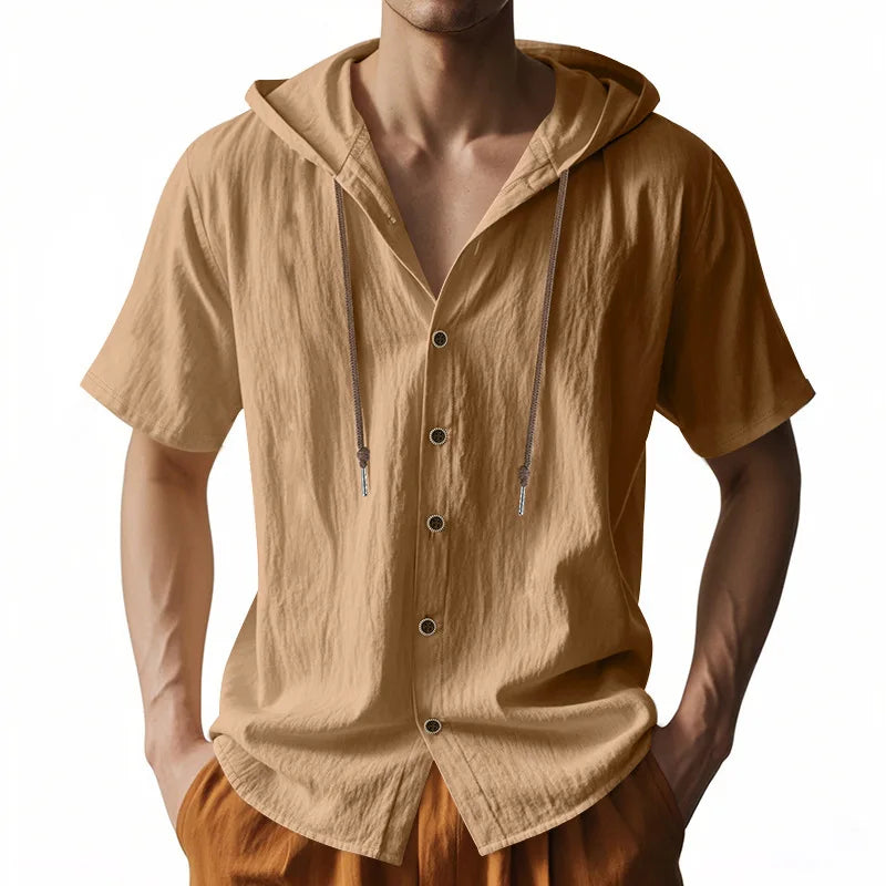 Men s Short Sleeve Hooded Shirt with Button Closure Solid Color Summer Top for Casual Daily Wear and Outdoor Activities
