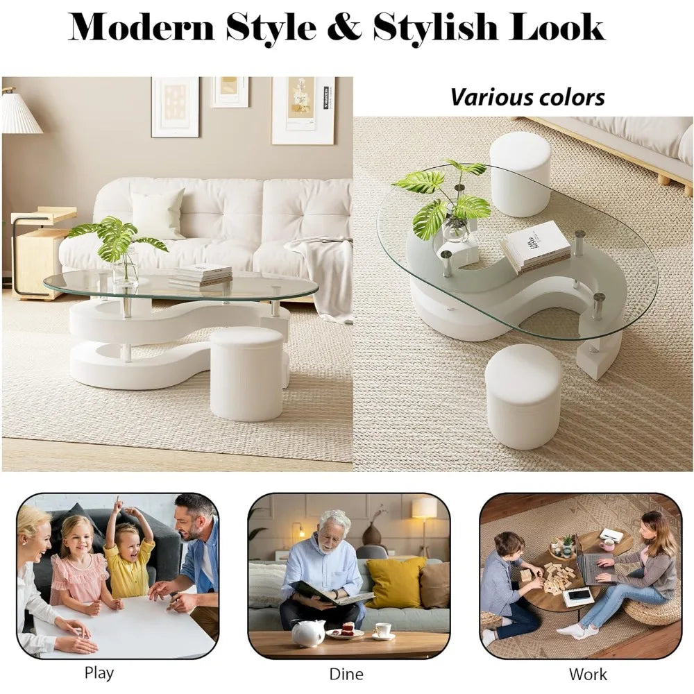 Oval Glass Coffee Table Set of 3, 0.39" Tempered Glass Top and S Shape Base, Modern Center Table with 2 Leather Stools, Accent C