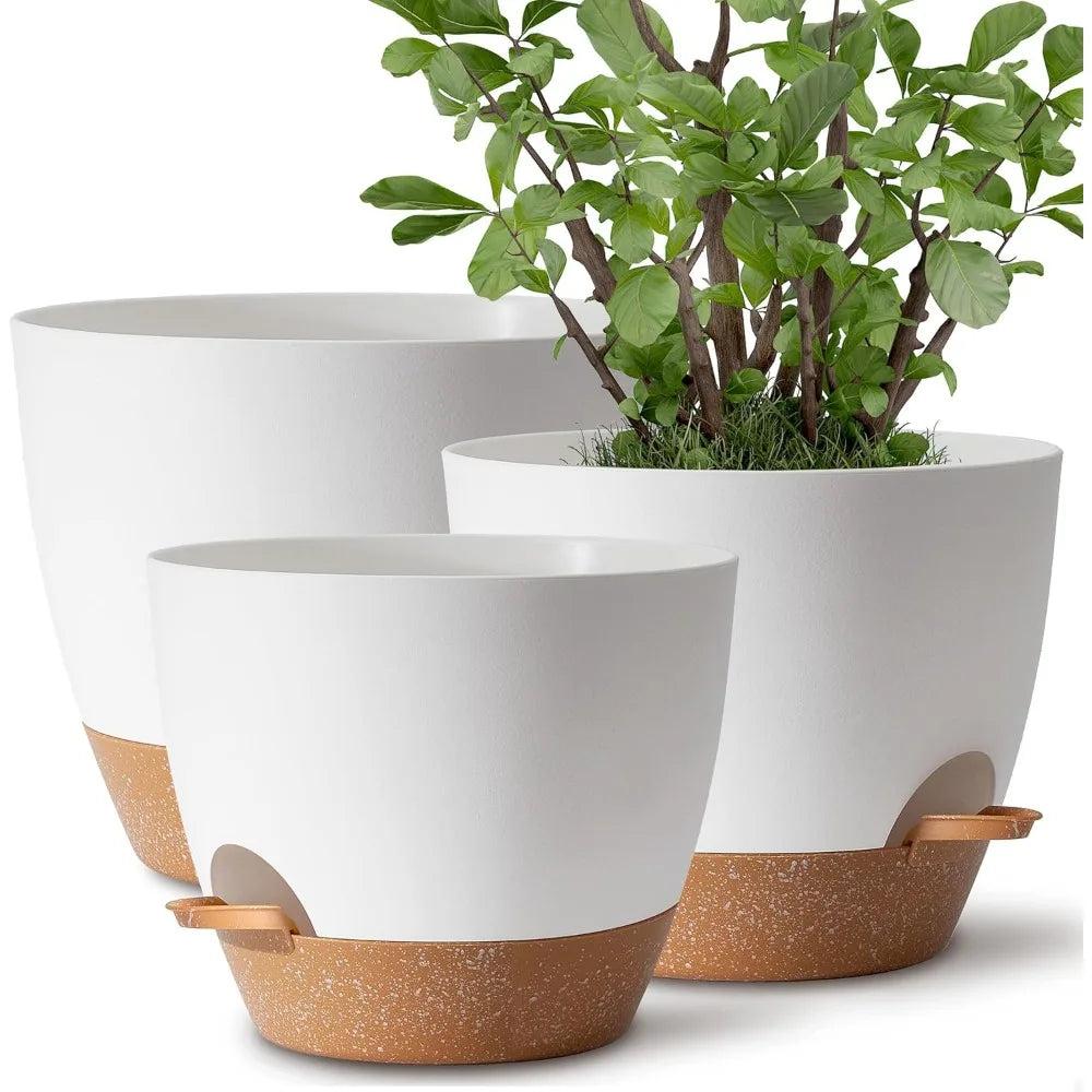 Self Watering Plant Pots Set of Three Indoor Outdoor with Drainage Saucer Reservoir White