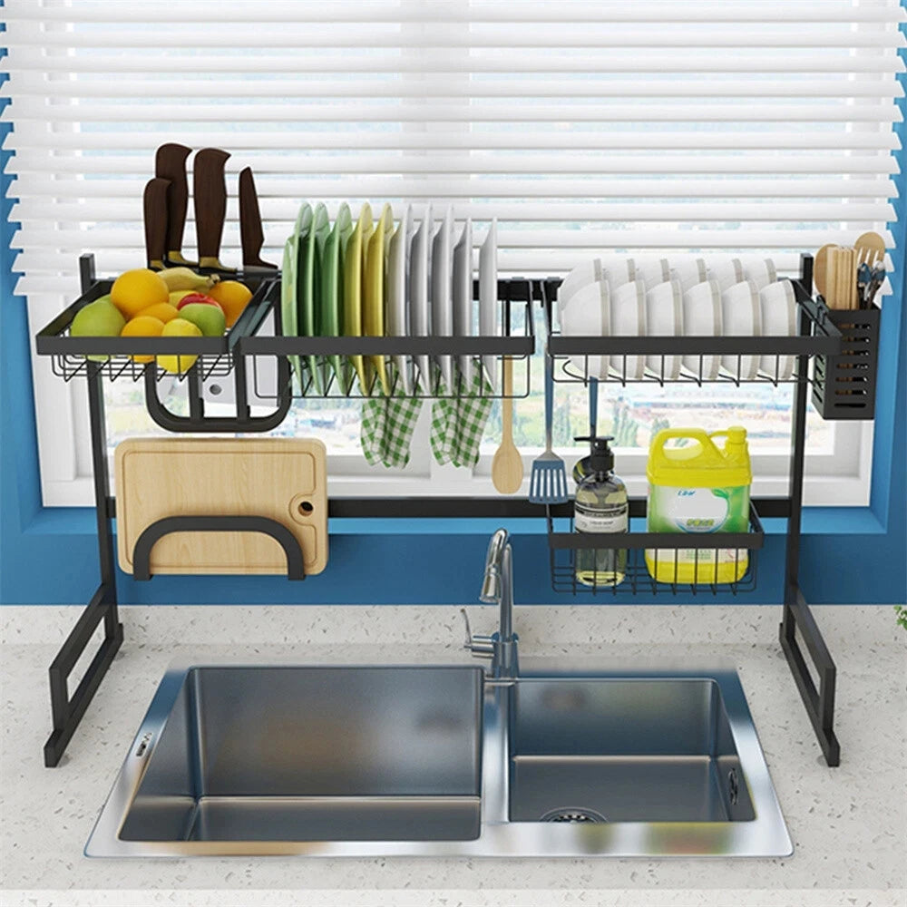 Dish Drying Rack - Over The Sink Dish Drainer Drying Rack with Utensil & Knife Holder, Hooks, Stainless Steel Kitchen Organizers