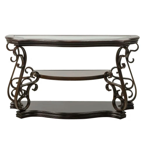 Traditional Glass Top Sofa Table With Marble Look Shelf And Metal Legs
