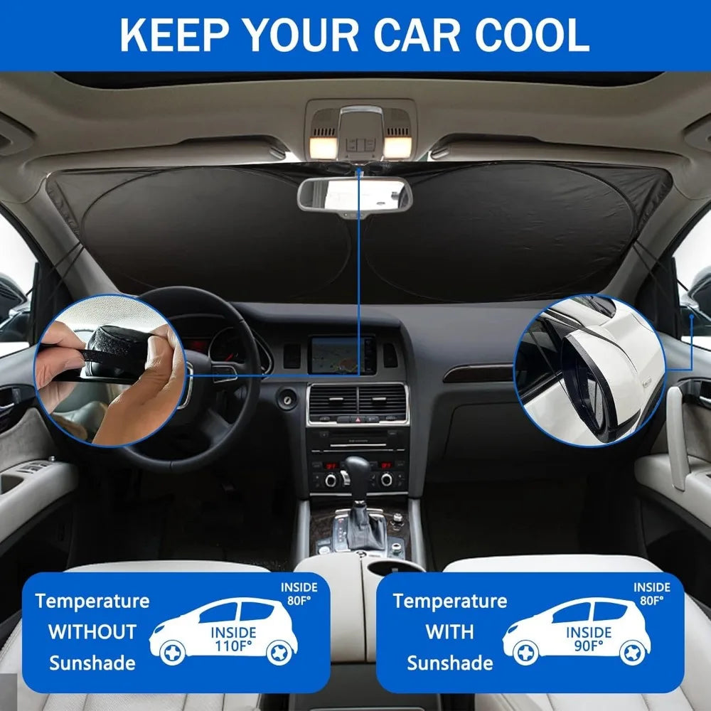 Foldable Car Windshield Sunshade with Funny Eyes Design Wear-Resistant Black Tape 59x27 or 63x31