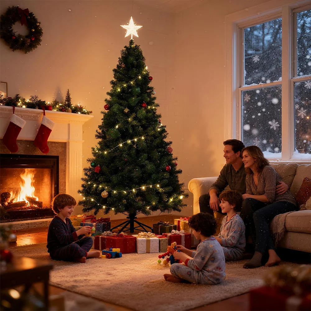 Pre-Lit Pop Up Artificial Christmas Tree 6ft 7ft 8ft Easy Setup PVC Pine Needle Mixed Xmas Tree with Metal Base