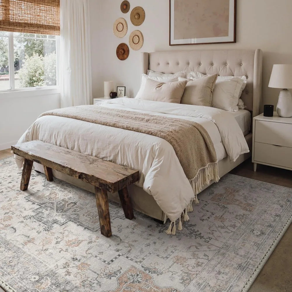 Washable Vintage Area Rug 5x7 Light Brown Non Slip Low Pile for Living Room Bedroom Dining Office