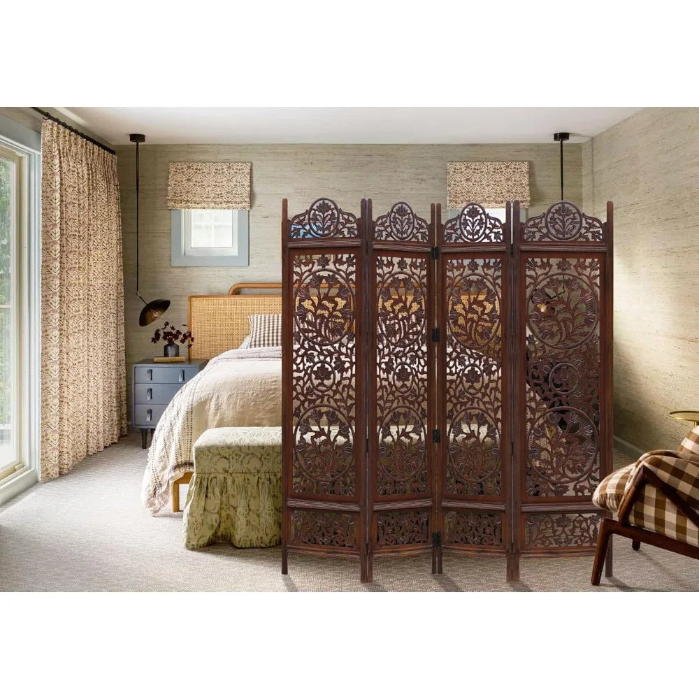 Kamal Antique Brown Room Divider with 4 Folding Panels - 72 x 80 Hand Carved Portable Screen, Reversible Functional Design