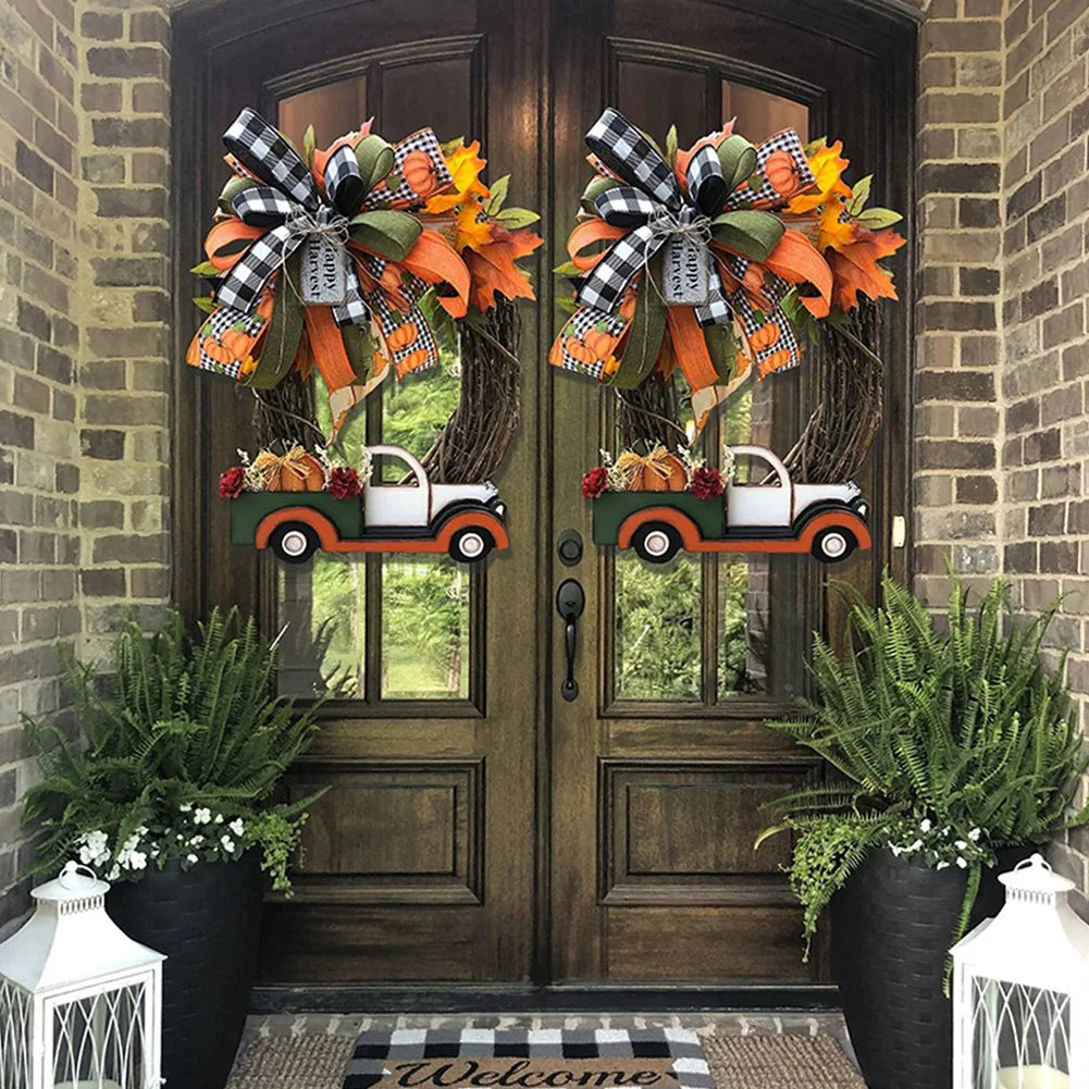 Fall Wreath Farmhouse Pumpkin Cart Wreath Halloween Pumpkin Truck Wreath Door Wreath for Halloween Thanksgiving Decor