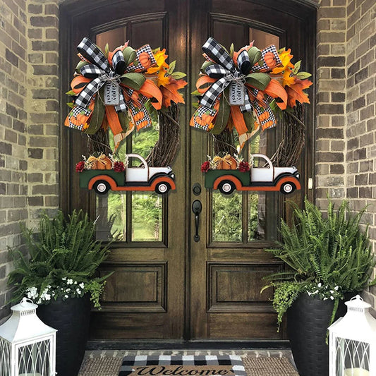 Fall Wreath Farmhouse Pumpkin Cart Wreath Halloween Pumpkin Truck Wreath Door Wreath for Halloween Thanksgiving Decor