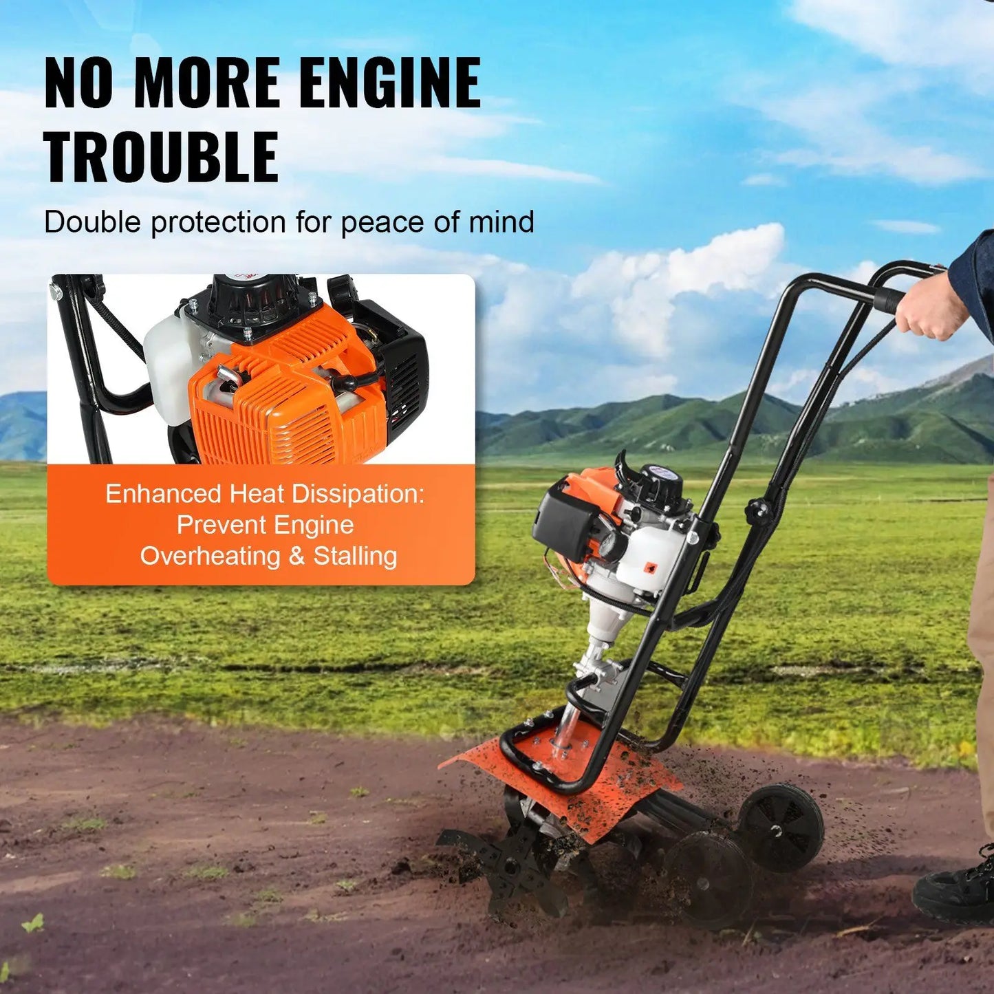 Powerful 31CC 4-Stroke Tiller Cultivator with 4 Steel Adjustable Front Tines, Garden Cultivator for Lawn and Field