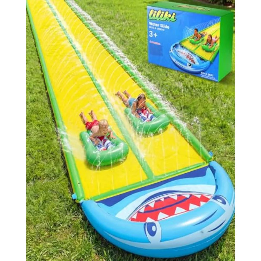 Outdoor backyard lawn slip and slide for kids teens adults, heavy duty PVC, blue, 40×6.56FT with 3-way sprinkler and 2 boards