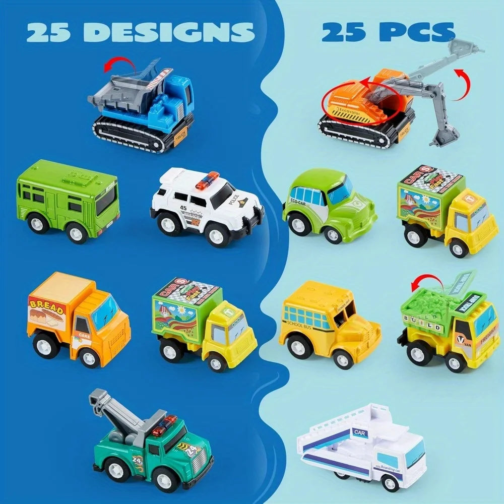 25 Pieces Pull Back Cars and Trucks Toy Vehicles Set for Toddlers Kids Play Set Die-Cast Car Party Favors School Gifts