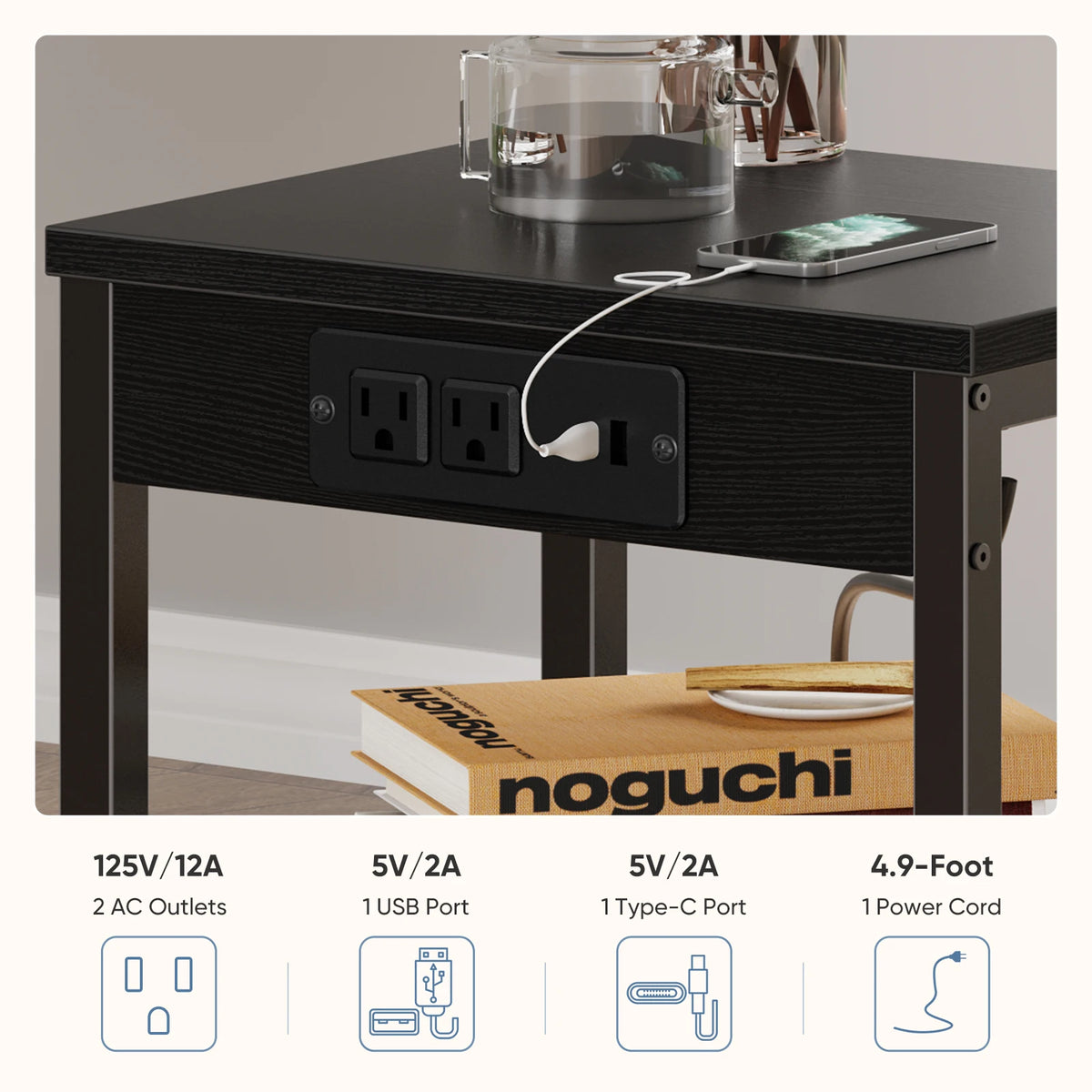 JHK 3 Tier Side Table Nightstand with Charging Station and USB Ports