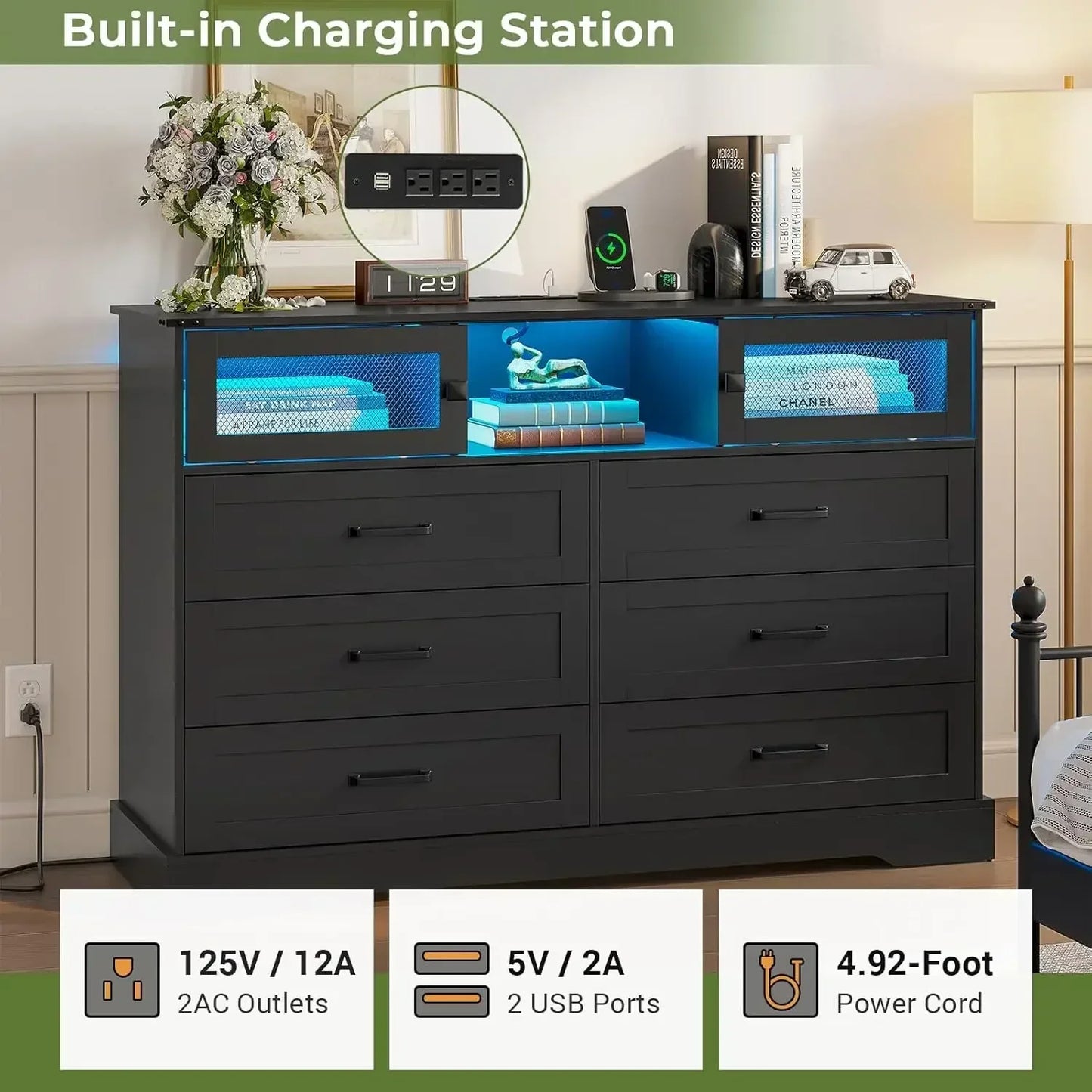 6 Drawers Dresser with LED Lights and Charging Station, Farmhouse Chest of Drawers Closet Organizer, Clothes Storage Cabine