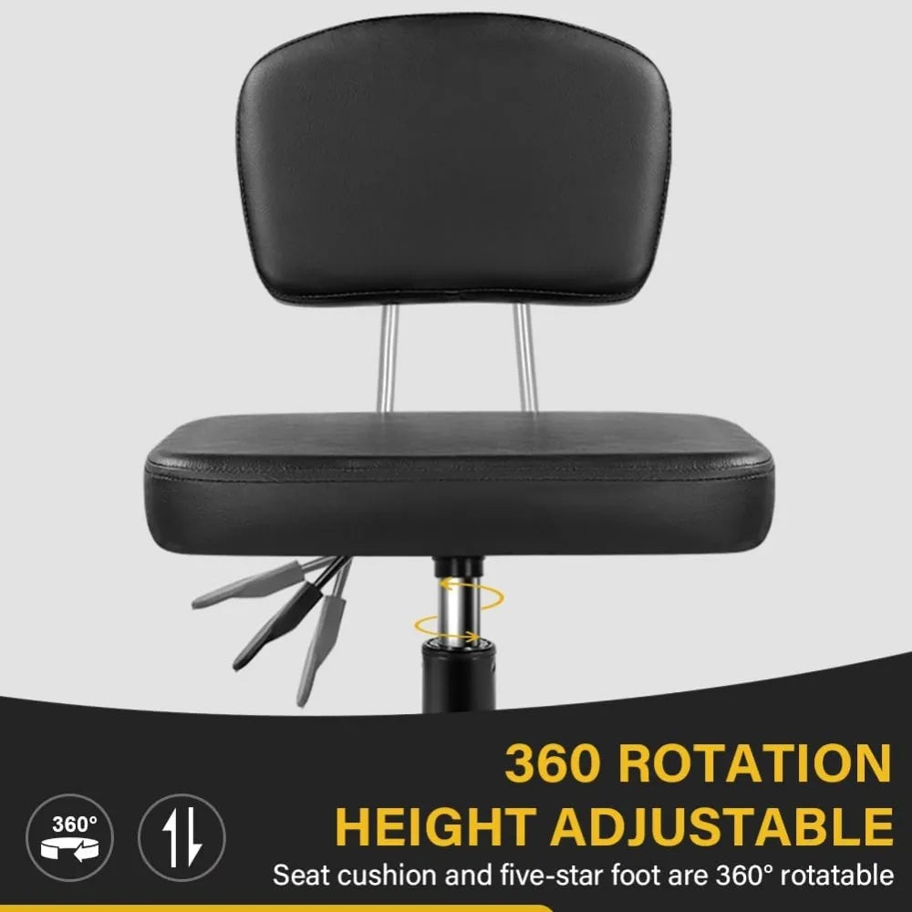 Height Adjustable Rolling Stool with Backrest 360 Swivel Wheels Square PU Leather Seat for Home Office Salon Counter