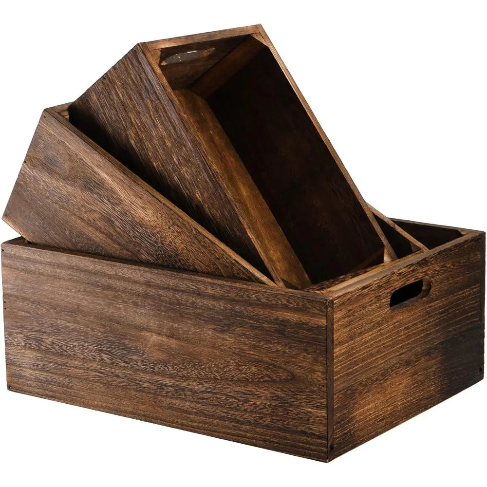 Set of 3 Nesting Wood Storage Crates with Handles Rustic Farmhouse Baskets Solid Handmade Containers
