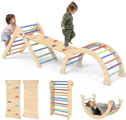 Pikler Triangle Set, 5 in 1 Toddler Climbing Toys, Wooden Montessori Climbing Set with Foldable Ladder & Arch & Ramp, Baby Climb