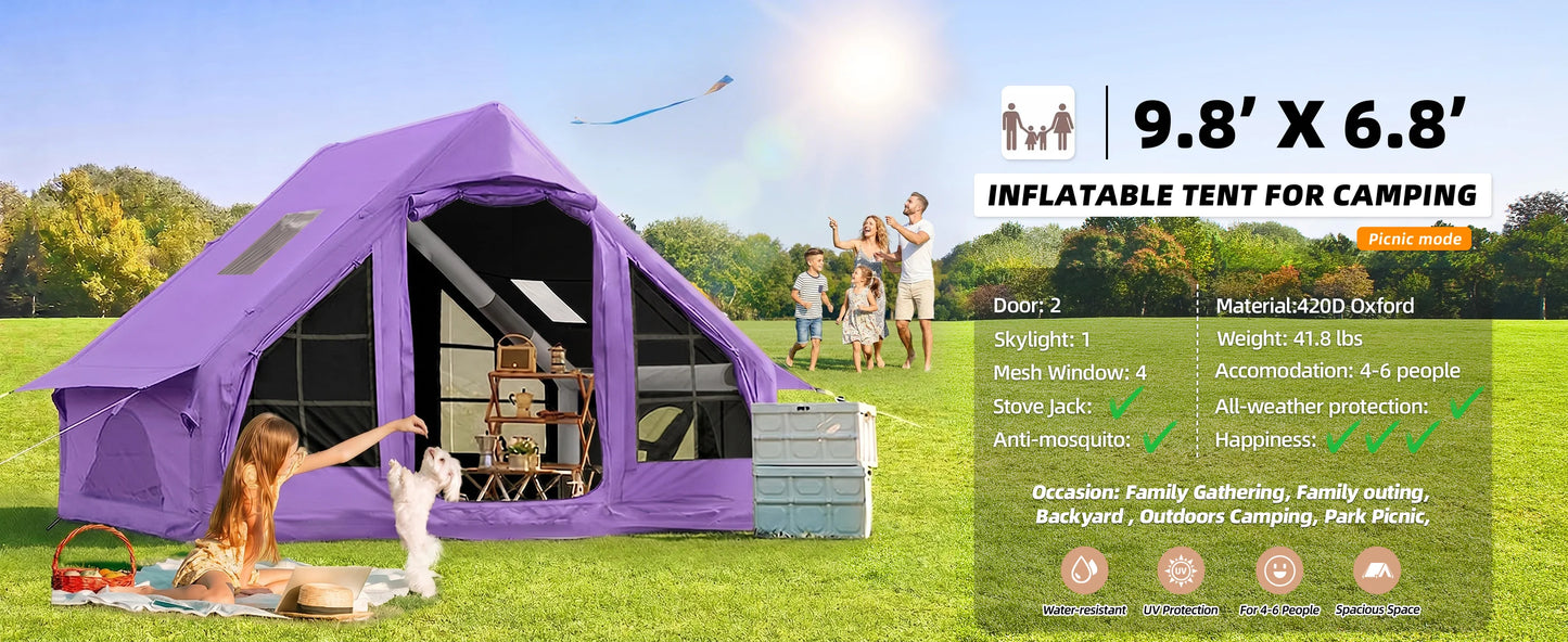 SENLEETO 67.8 SqFt Inflatable Camping Tent for 2-3 Person with Stove Jack,Black Coating Easy Setup Blow Up Tent with Skylight AC Vent Mesh Window