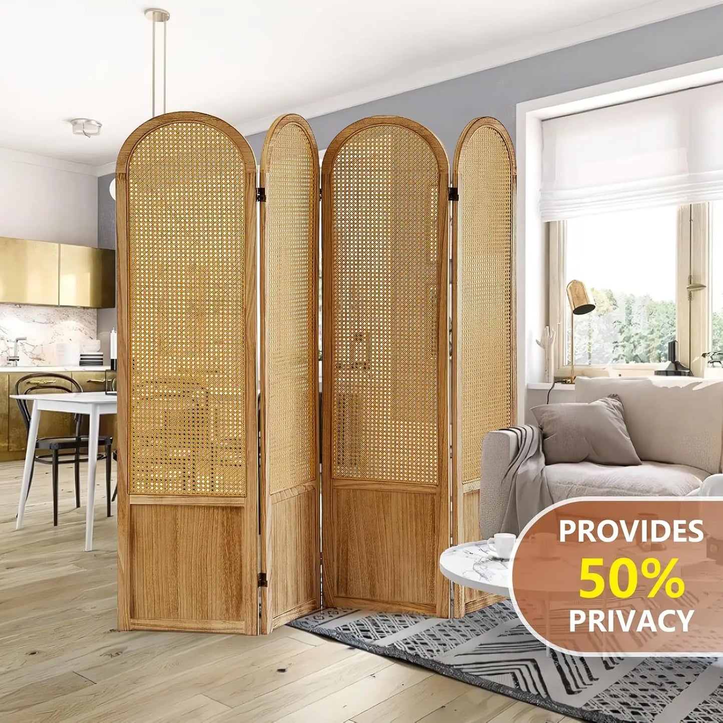 4 Panel Room Divider and Folding Privacy Screen, 5.6 Ft Foldable Double Hinged Rattan Partition, Hand-Woven Rattan, Customized