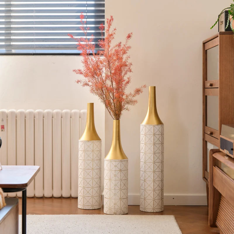 Floor Decorated White Set Of 3 Gorgeous Home Decoration Large Glazed Metal Vases 24In/28.7In/33.5In Height