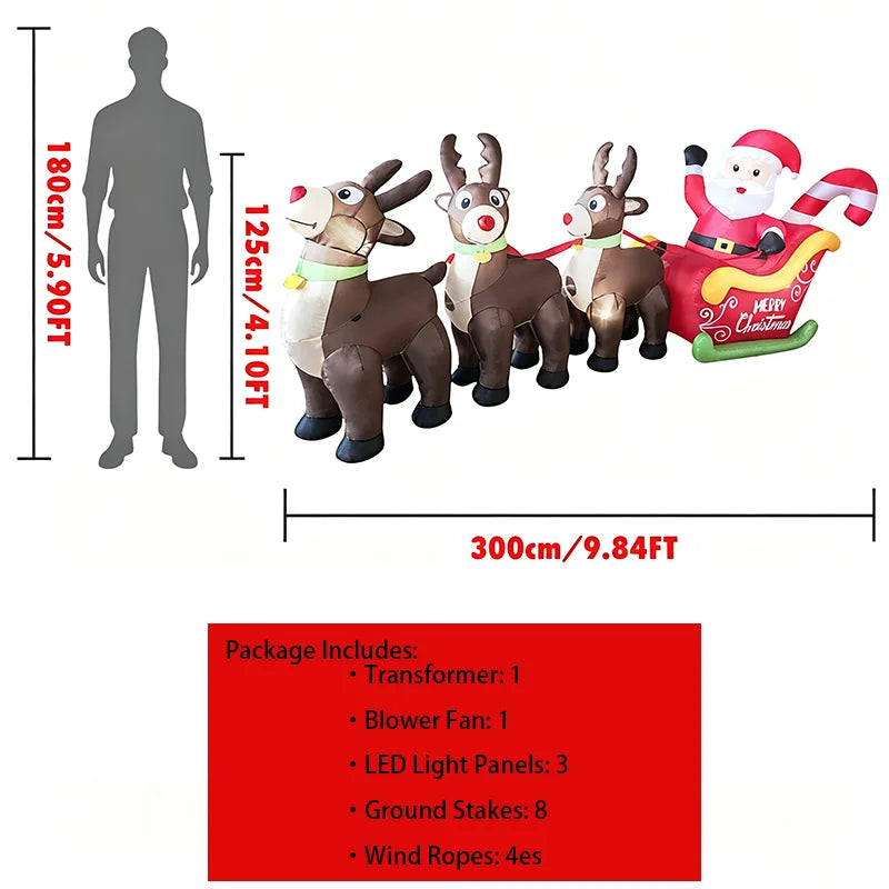 2026 New 9.8FT Christmas Big Inflatable Santa Sleigh with 3 Reindeer LED Blow Up Outdoor Yard Decor for Garden Lawn Holiday Party lovely Santa Claus LED Lighted
