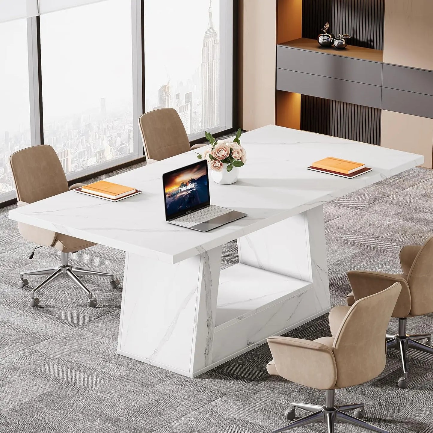 Modern Computer Desk, 63-Inch Large Office Desk , Simple Style Executive Desk, Faux Marble Writing Desk for Home Office