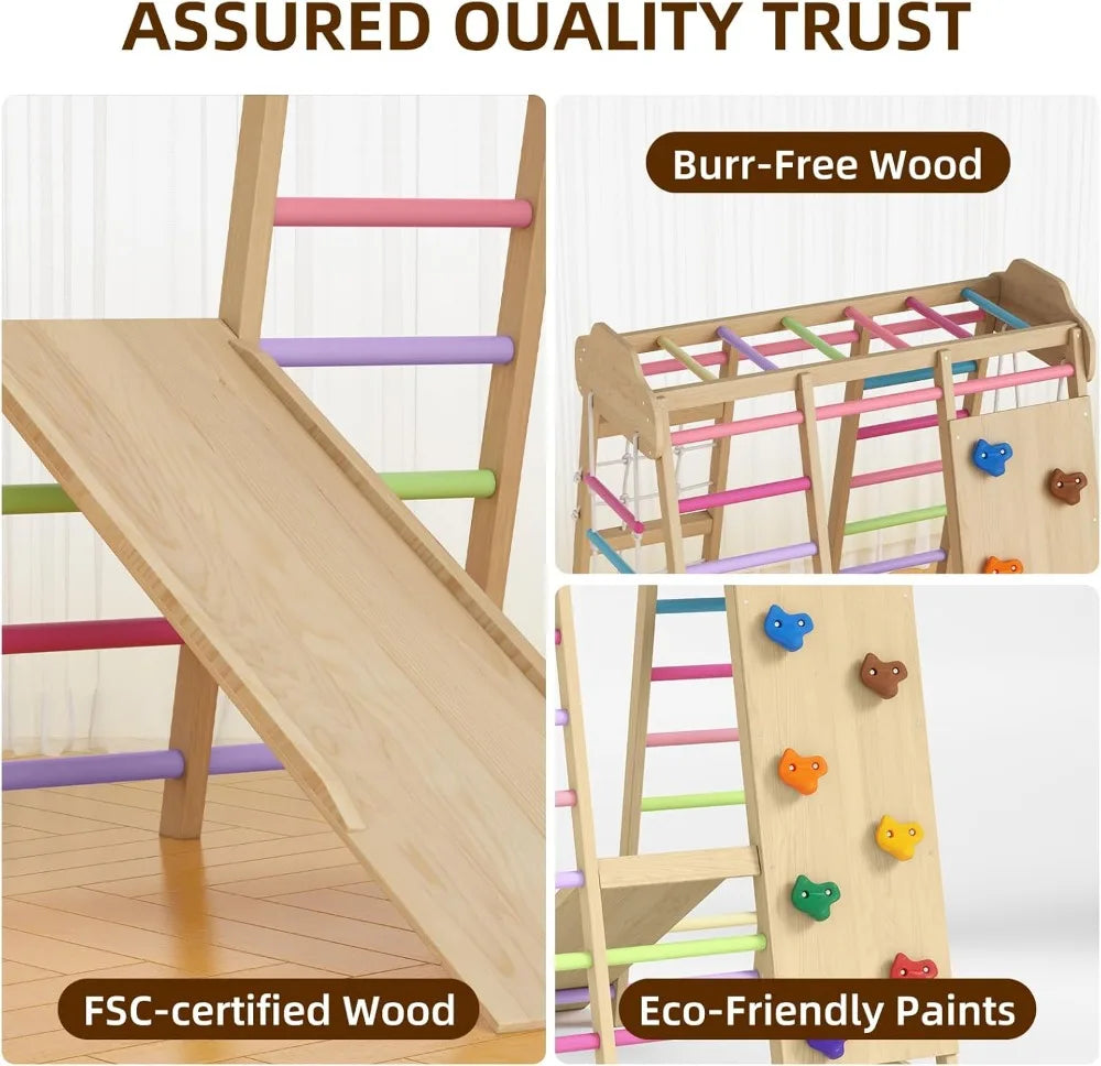 9 in 1 Wooden Indoor Playground: Slide, Swing, Rope Ladder, Climbing Net, Rock Wall, DIY Name Stickers