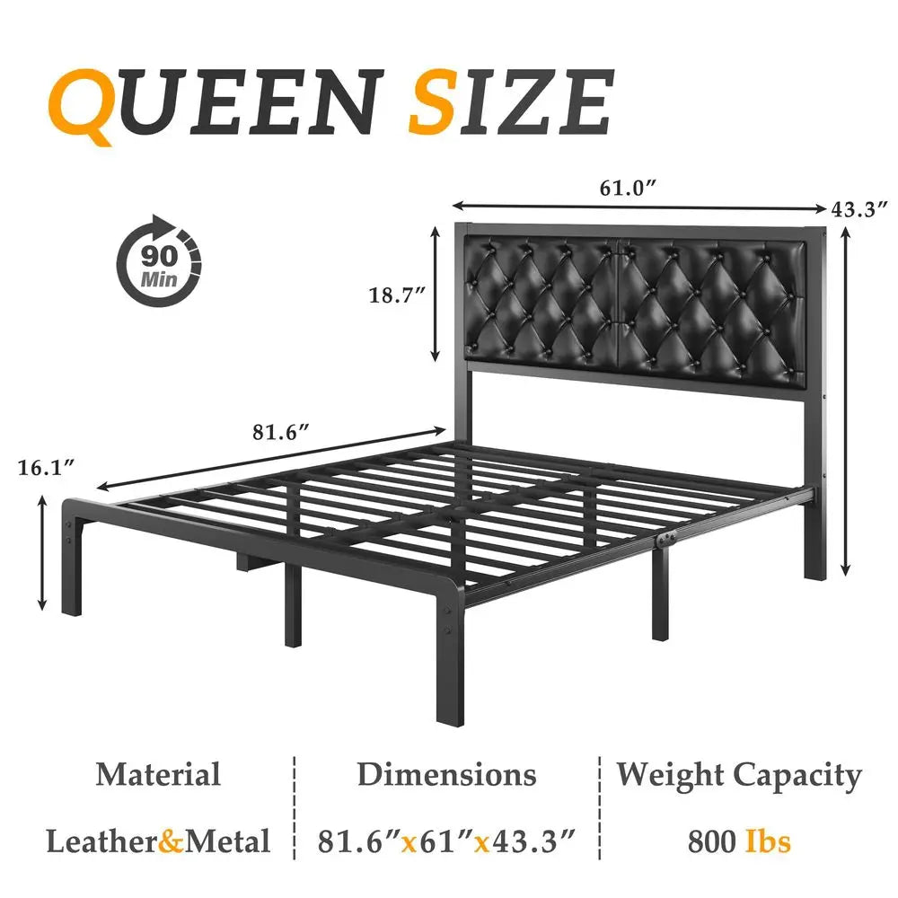 Queen Upholstered Bed Frame with Tufted Headboard Metal Slats No Box Spring