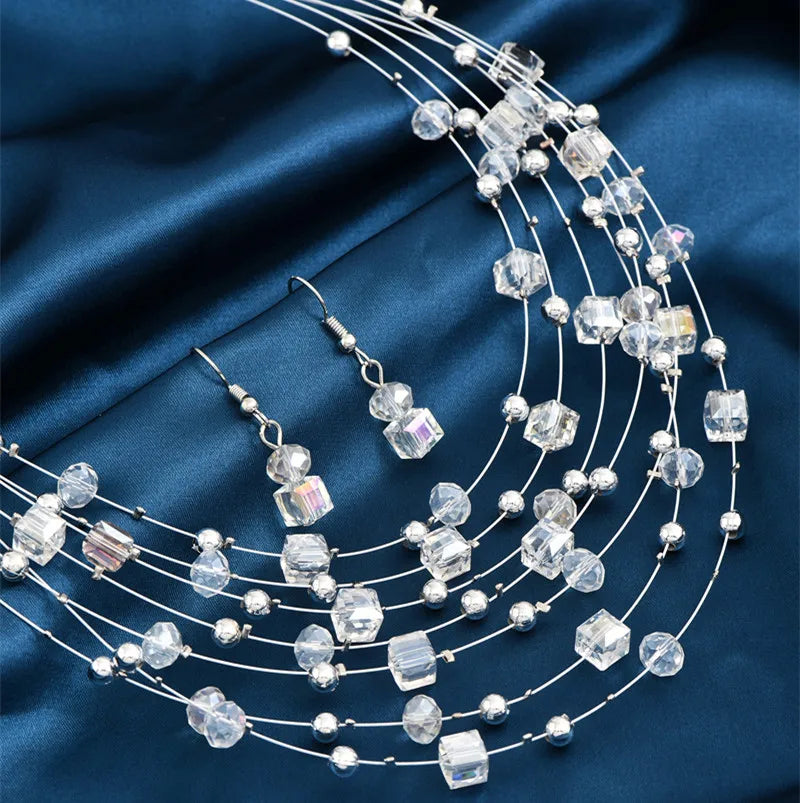 Bohemia Necklace Earrings Set For Women Square Crystal Beads Jewelry Sets Multilayer Choker Necklace Women Jewelry Set