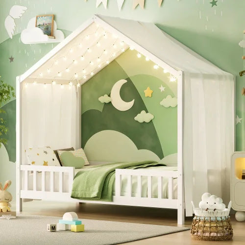 Montessori Floor Bed with Canopy, Twin Bed Frame for Kids, House Shape Toddler Bed Frame with High Railings