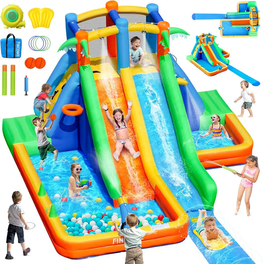 Inflatable Water Slide Bounce House with Extend Long Splash Waterslide for Kids Backyard, Blow Up Bouncy Castle Park with 2 Wate