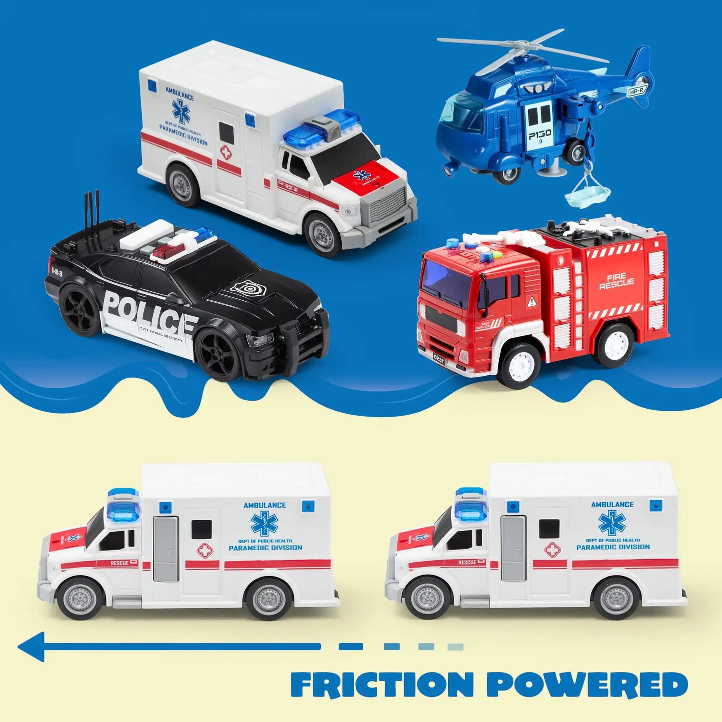 Joyfy 4 Packs Emergency Vehicle Playset Friction Powered Truck Ambulance Fire Truck Police Car Helicopter for Kid Birthday Gifts