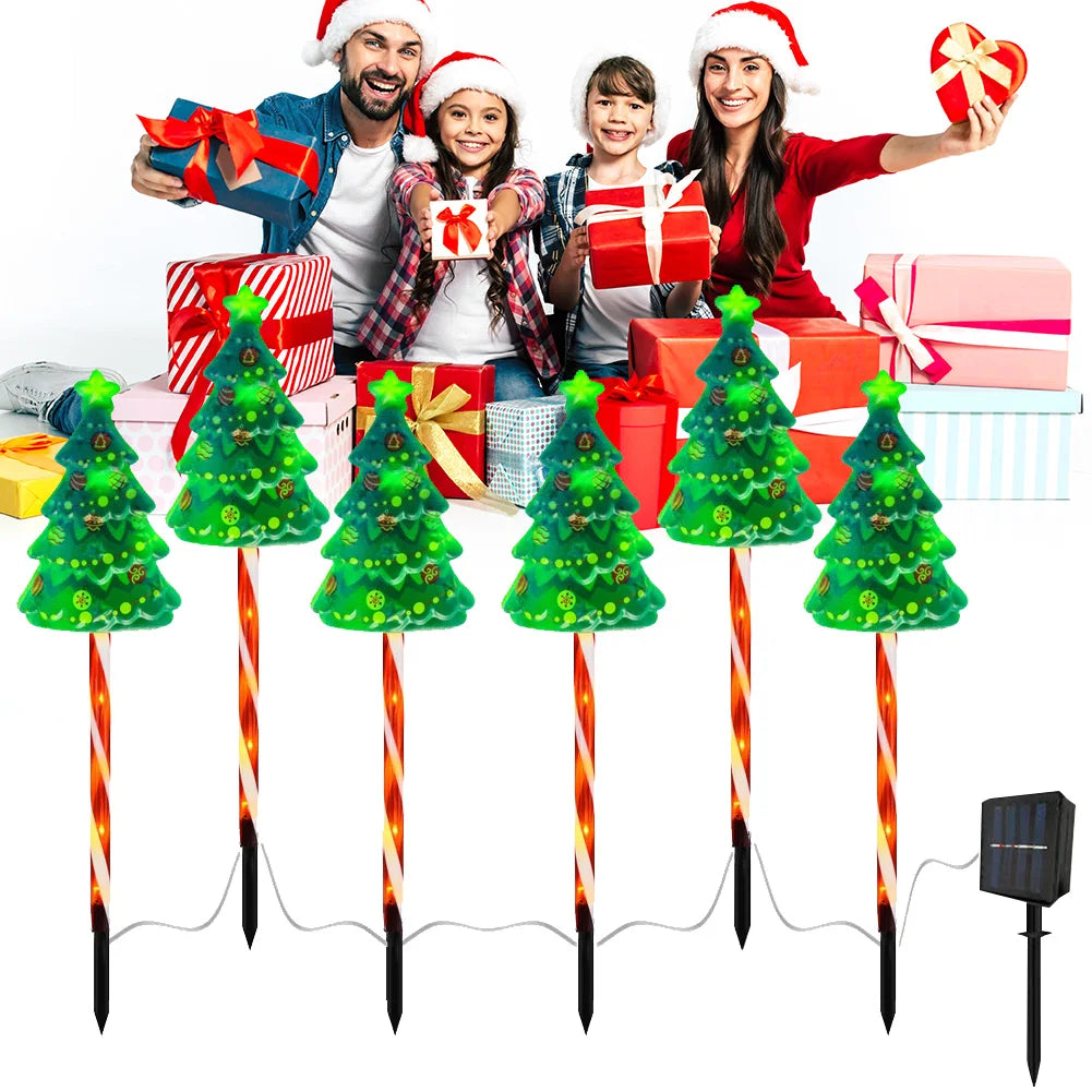 6 Pack Solar Xmas Tree Light 6 Modes Christmas Tree Light USB Rechargeable Decorative Pathway Light Auto On/Off for Garden Lawn