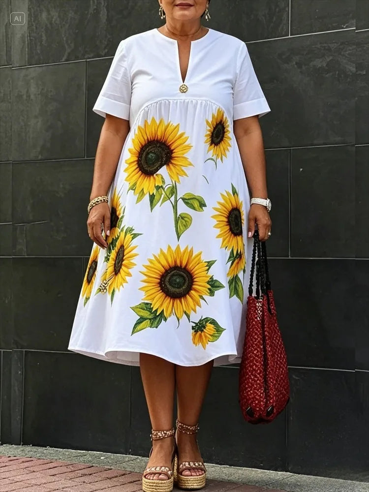 Spring Summer Women White Cotton A - Line Loose Flower Print Pleated V - Neck Midi Dresses Casual Large Size Vacation Outfits