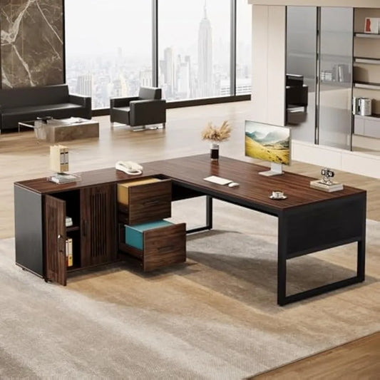 Large L-Shaped Executive Office Desk with Mobile File Cabinet and Drawers