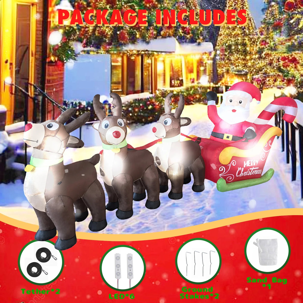 2026 New 9.8FT Christmas Big Inflatable Santa Sleigh with 3 Reindeer LED Blow Up Outdoor Yard Decor for Garden Lawn Holiday Party lovely Santa Claus LED Lighted
