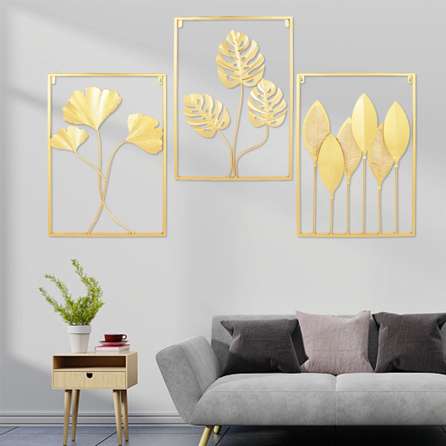 3-Piece Gold Leaf Wall Art Set, 3D Hollow Iron Panel Decor, Modern Abstract Leaf Design for Living Room Bedroom