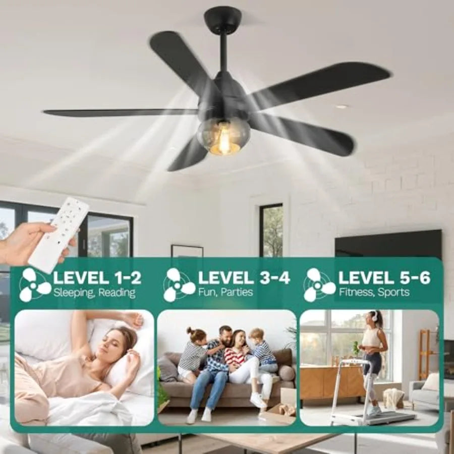 Ceiling Fans with Lights, Unique Designs for Glass Lampshade and Fan Blades, Ceiling Fan, 6 Speeds, Reversible Quiet DC Motor F