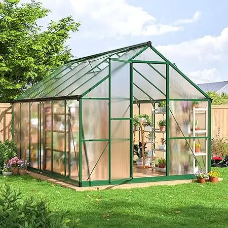 Greenhouse - 8x12 FT, Polycarbonate, Aluminum Frame, Roof Vent, Large Walk-in, Green
