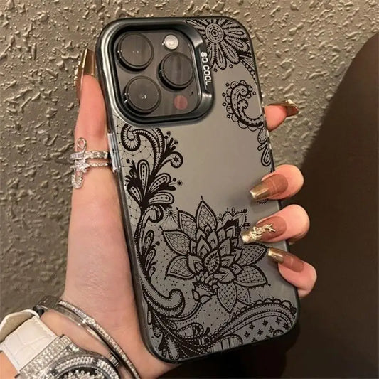 Luxury Lace Florals Pattern Case for IPhone 16 Pro Max 15 Pro 14Plus 13 12 11 Shockproof Anti-slip Hard Phone Protective Cover