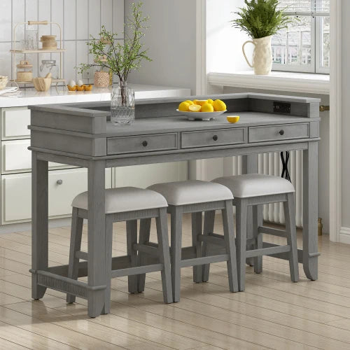 4-Piece Dining Table Set for 3, Retro Kitchen Table and Chairs Set with 3 Storage Drawers, Ideal for Small Spaces (Light Grey)