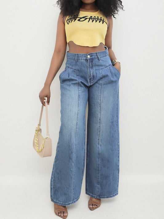 Women's High - Waisted Wide - Leg Denim Jeans | Light Blue Wash & Pleated Front