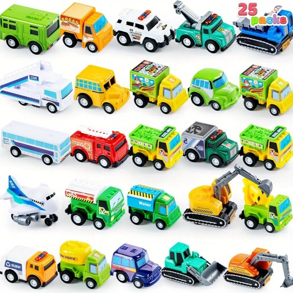 25 Pieces Pull Back Cars and Trucks Toy Vehicles Set for Toddlers Kids Play Set Die-Cast Car Party Favors School Gifts
