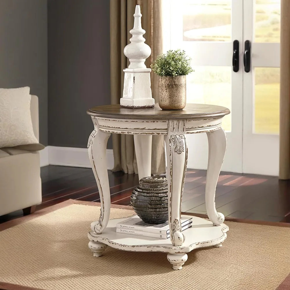realyn french country two tone round end table, chipped white