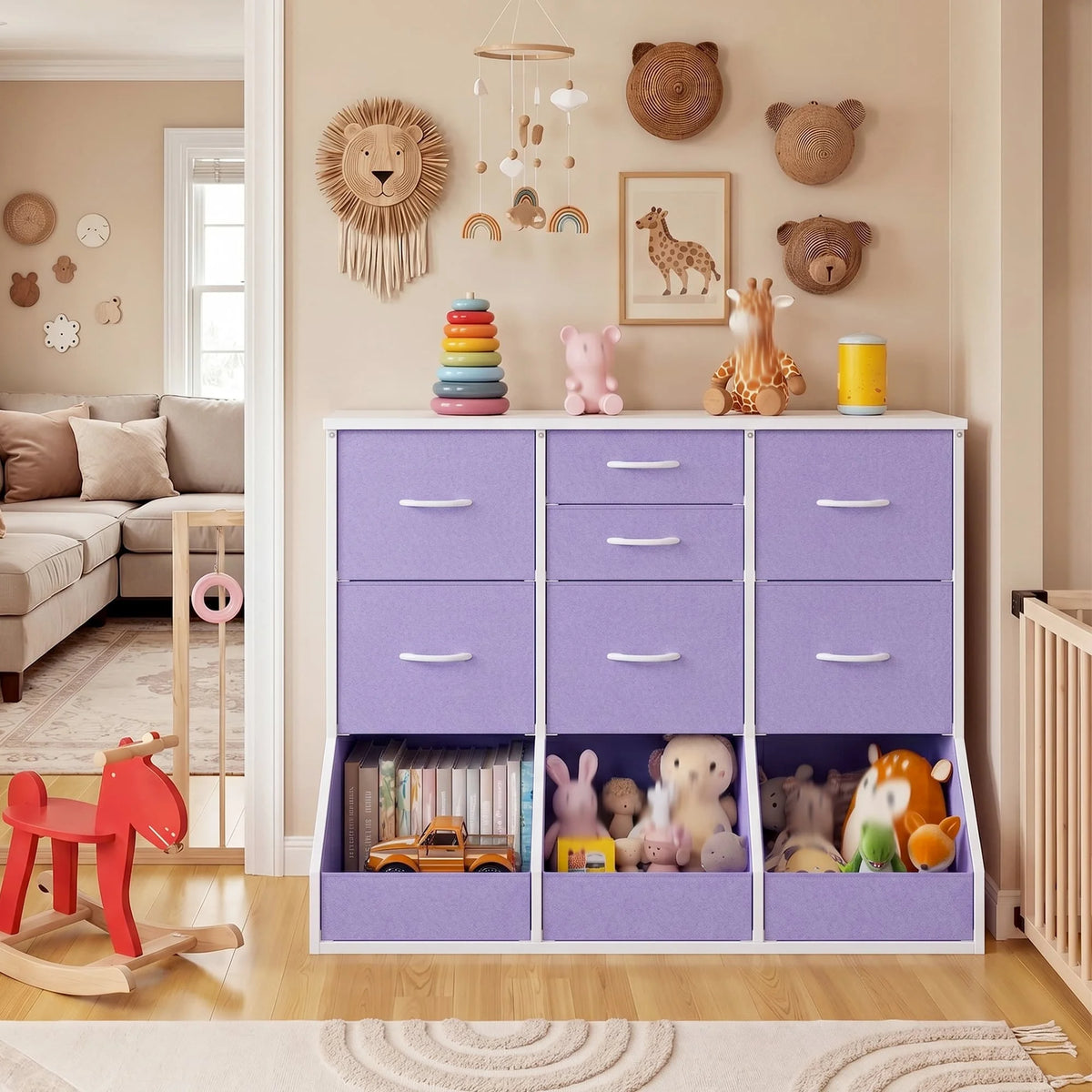 EnHomee 10-Storage Fabric Dresser – 7 Drawers & 3 Open Compartments, Wood Top & Metal Frame – 39.3"W x 17.7"D x 31.5"H – For Bedroom, Entryway, Hallway