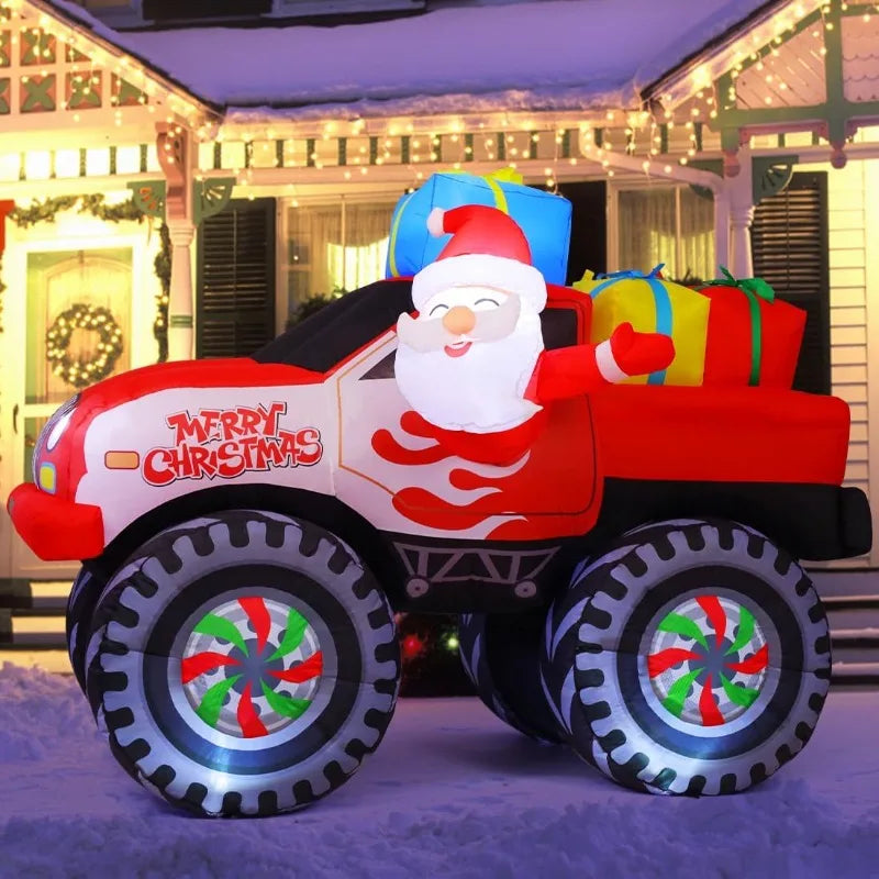 7.5 FT Length Christmas Inflatables Truck Outdoor Decoration Blow Up Santa Claus with Presents on Truck with Built-in LEDs