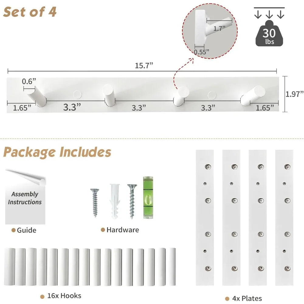 White Wall Mounted Coat Rack 16 Hooks 4 Pack Large Wood Entryway Heavy Duty Modern for Clothes Bags Hats Purses Closet