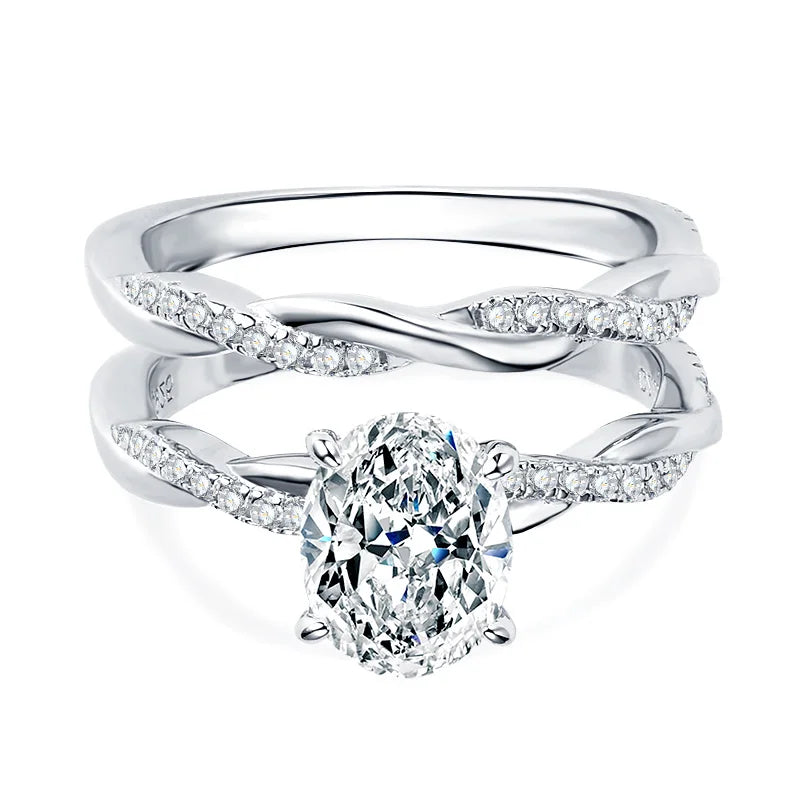 Oxtao 2CT Oval Cut Moissanite Engagement Ring Set D VVS1 Sterling Silver