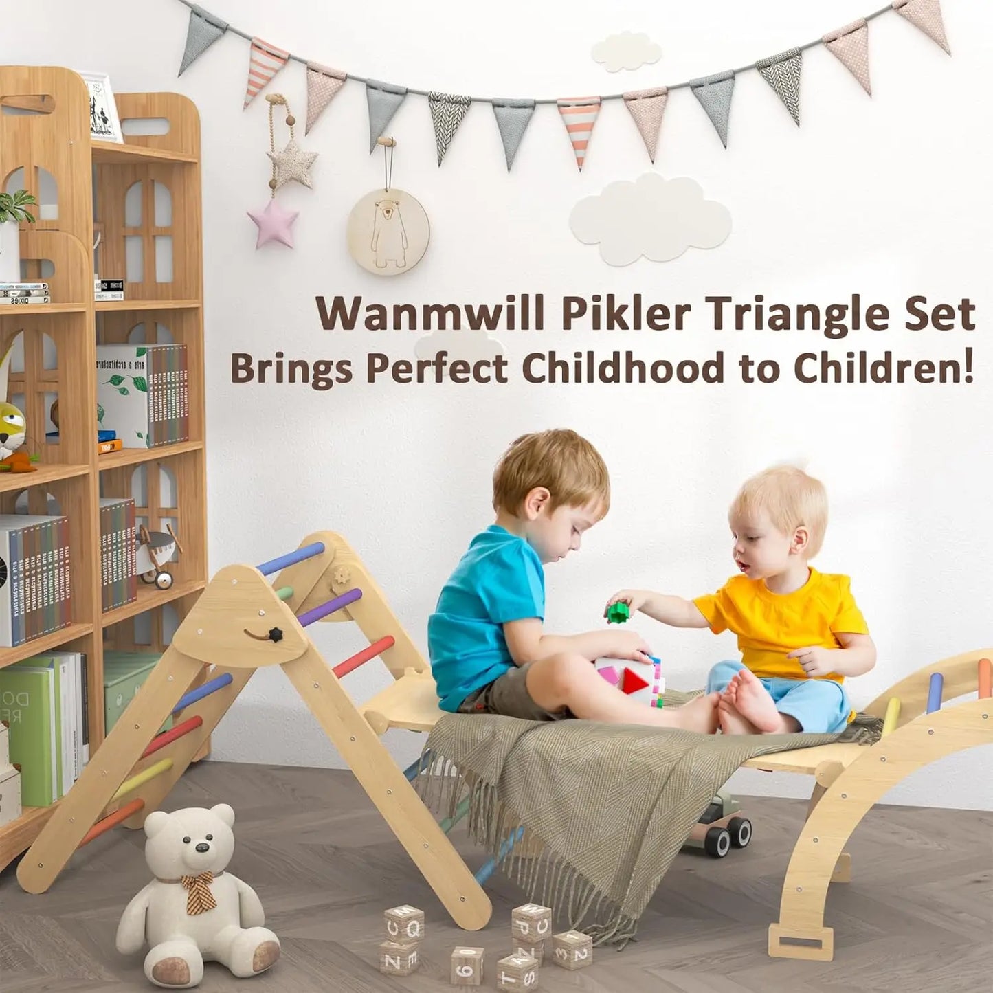 Pikler Triangle Set, 5 in 1 Toddler Climbing Toys, Wooden Montessori Climbing Set with Foldable Ladder & Arch & Ramp, Baby Climb