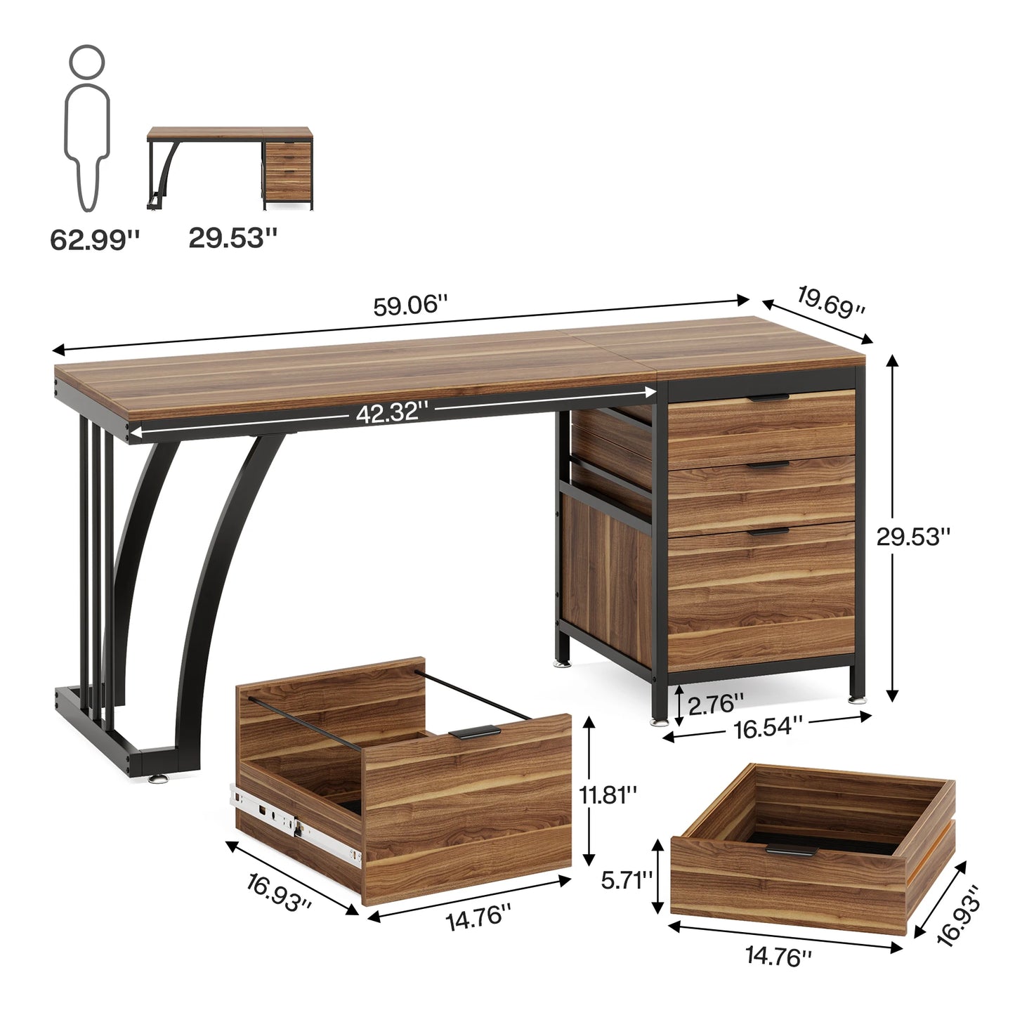 Tribesigns Computer Desk with 3 Drawers, 59-Inch PC Desk with Reversible Drawers, Industrial Study Writing Table Workstation